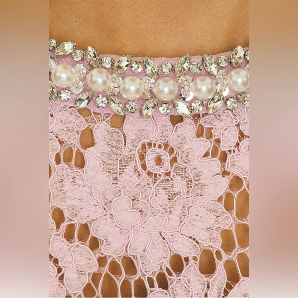 NEW Self-Portrait Fine Lace Pearl Midi Dress in Pink | UK 8 / US 4 - Picture 6 of 15